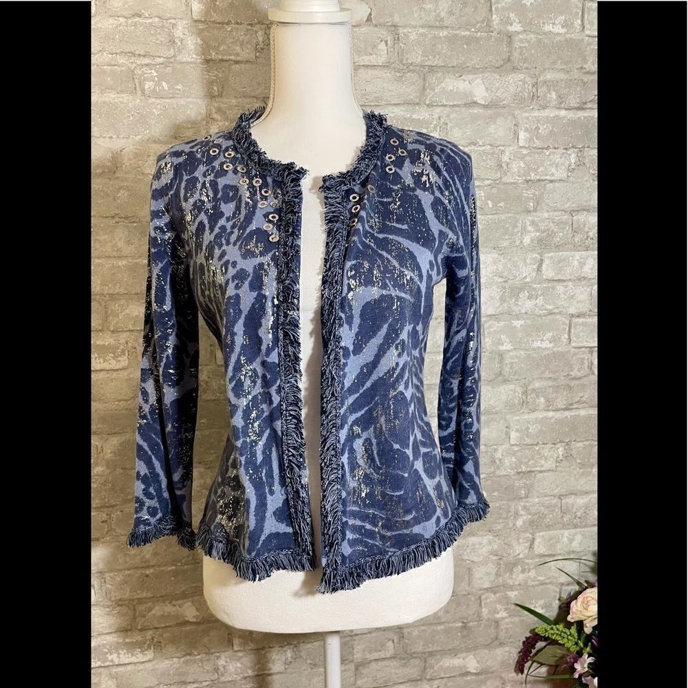 Chicos Foiled Animal Frankie Fringe Cardigan Blue